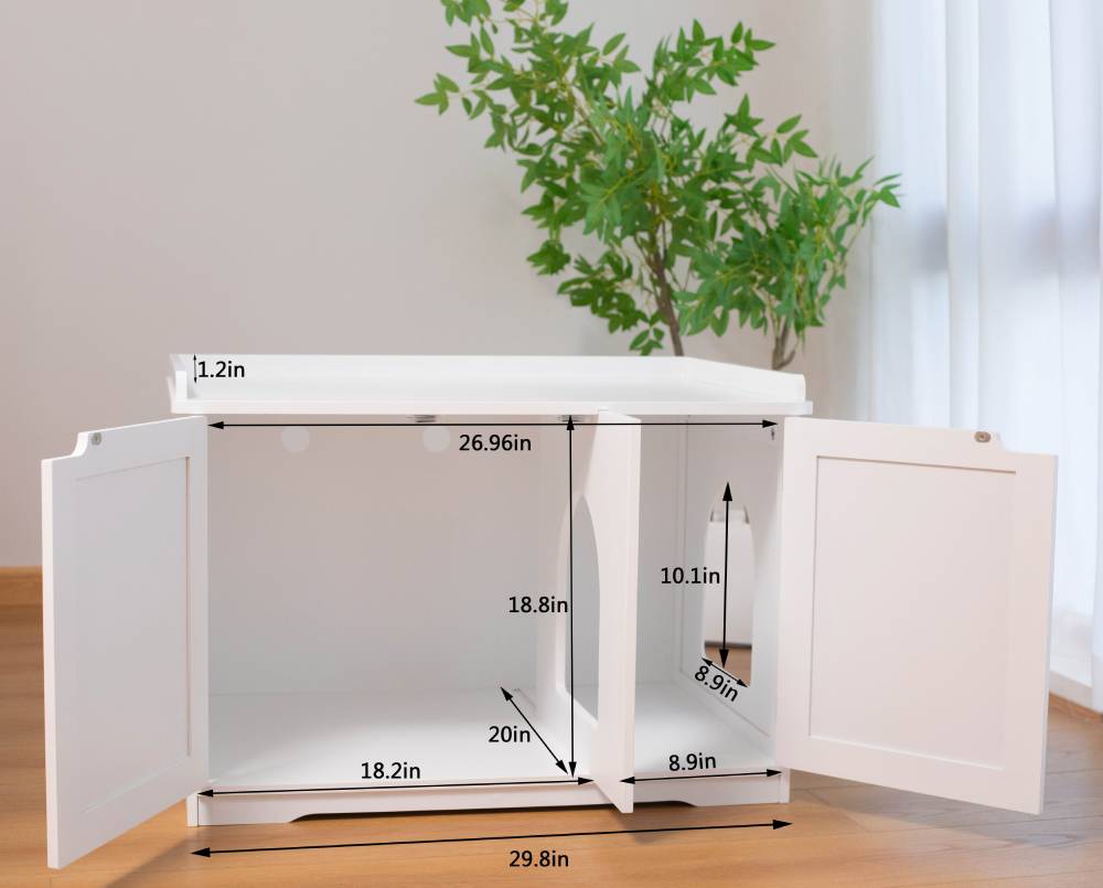 Cat Hutch Litter Box Enclosure, Hidden Litter Box Furniture Cabinet - White