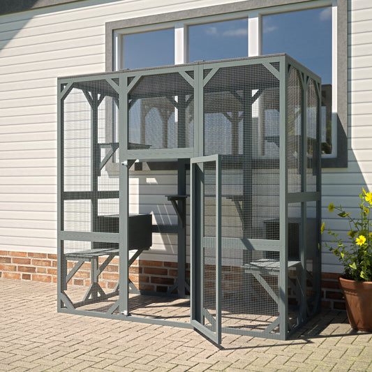 Spacious and Comfortable Gray Outdoor Catio - With Platforms, Condos, and Weatherproof Cover