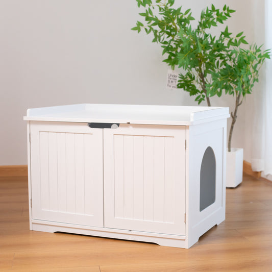 Cat Hutch Litter Box Enclosure, Hidden Litter Box Furniture Cabinet - White