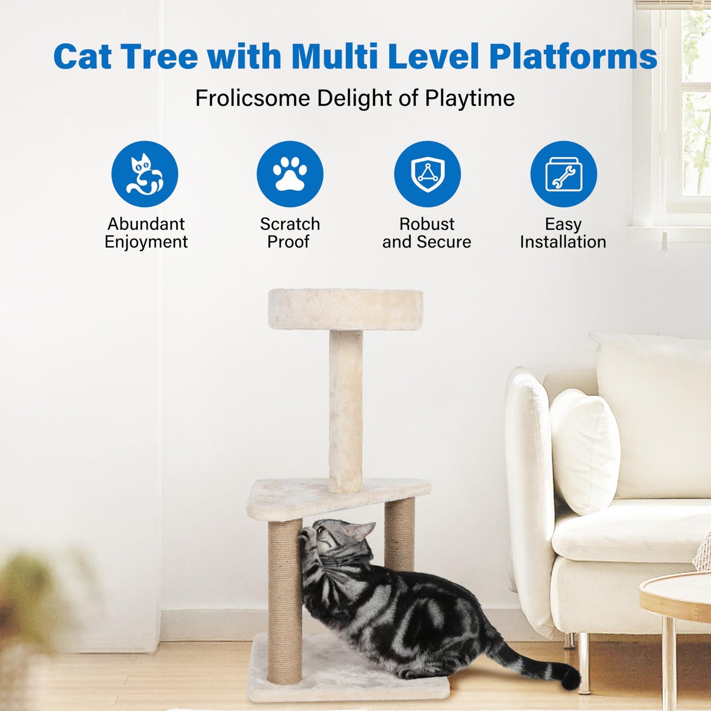 Multi-Level Indoor Cat Tree with Sisal-Wrapped Post, Plush Platforms, & Elegant Beige Finish