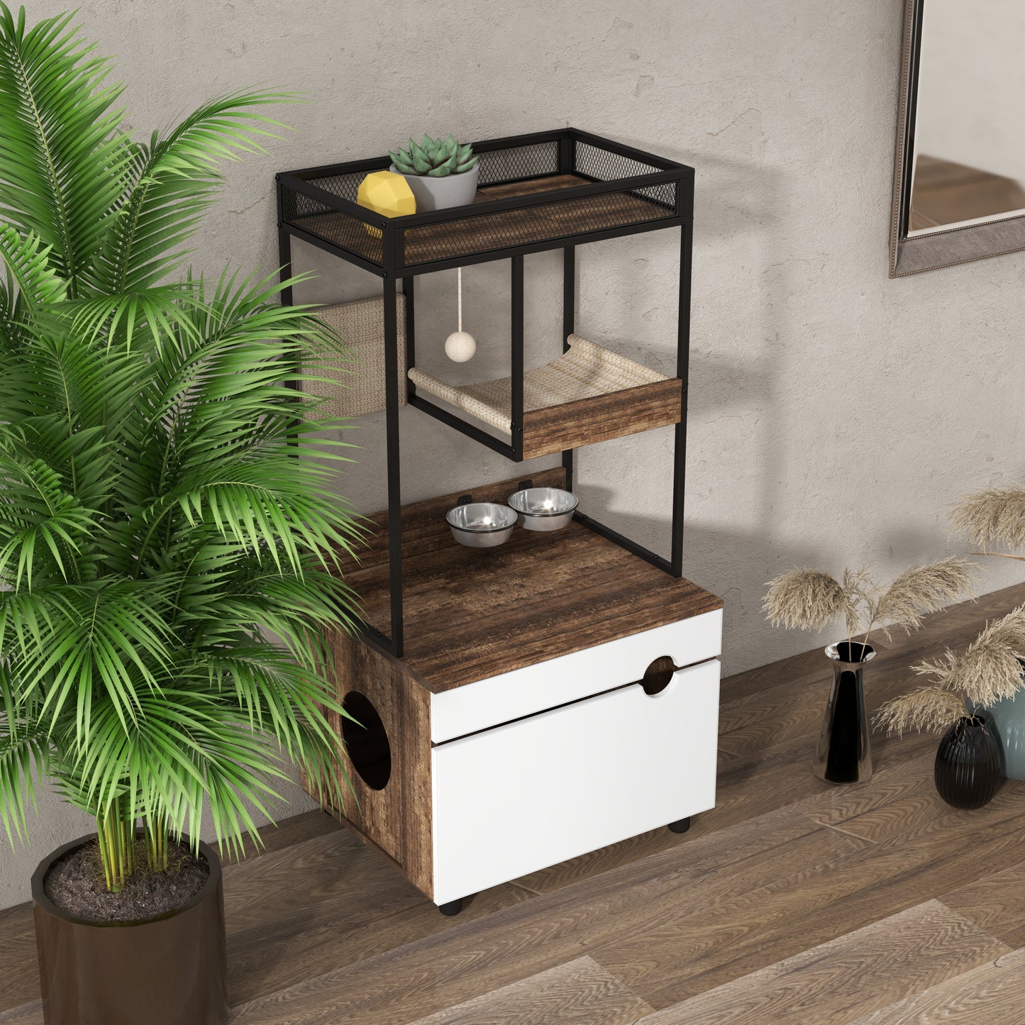 Cat Litter Box Enclosure with Cat Tree Tower