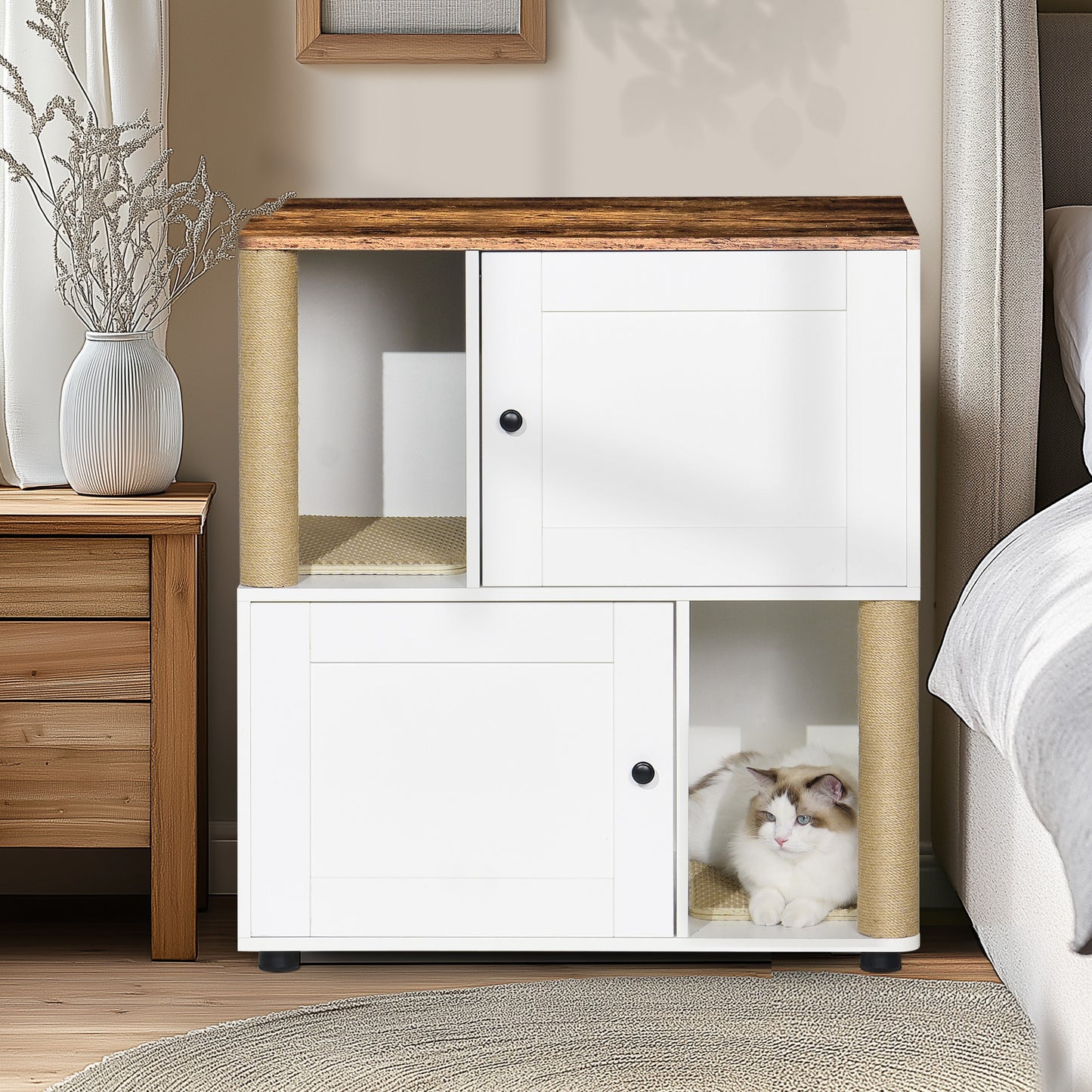 Multi-Functional Double Cat Litter Box Cabinet, Vintage White, with Shelves for Storage and Concealment