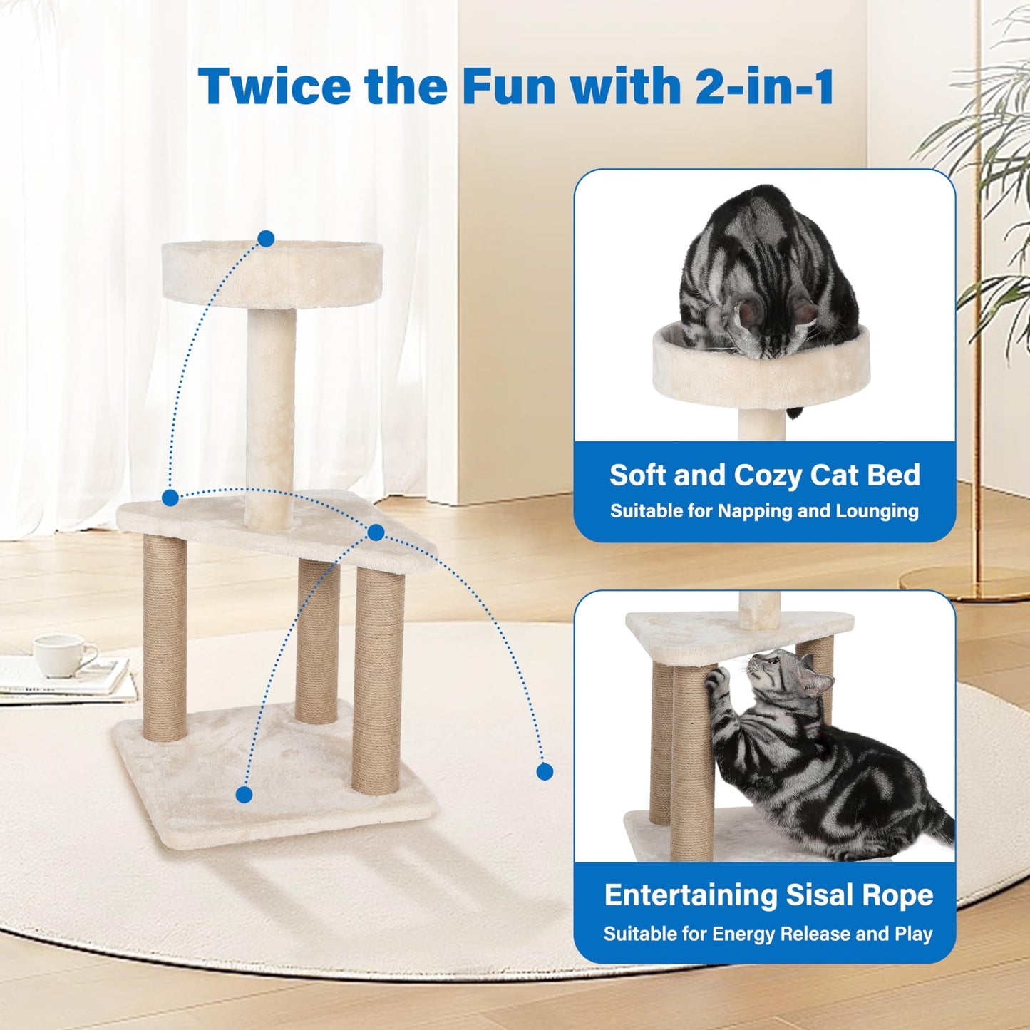 Multi-Level Indoor Cat Tree with Sisal-Wrapped Post, Plush Platforms, & Elegant Beige Finish