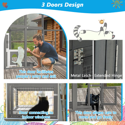 Large Grey Outdoor Wooden Catio with 7 Napping Houses, Walk-in Cat Kennel Condo Shelter and 2 Jumping Platforms