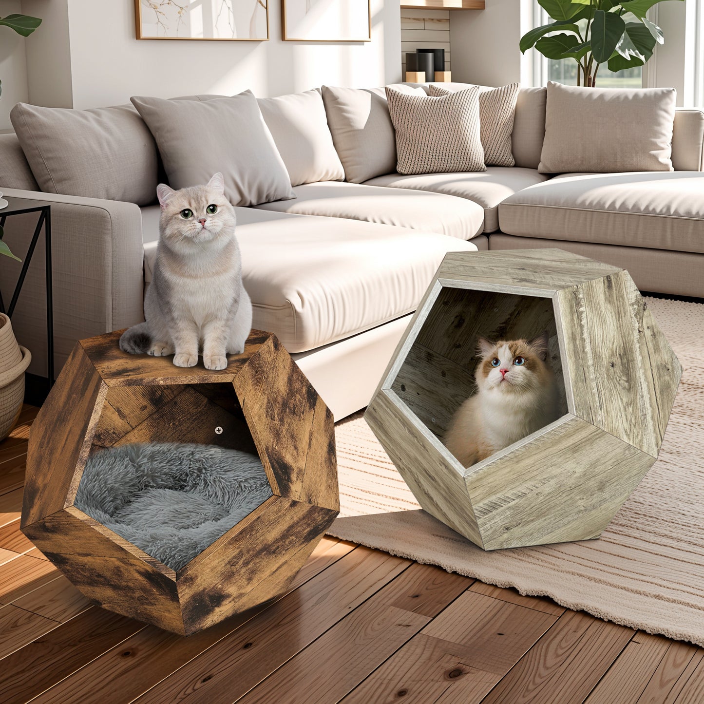 Multi-Purpose Cat Bed, Side Table, Storage & Planter with Antique Wood Finish