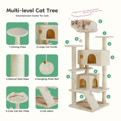 54" Multi-Level Cat Tree with Plush Perches & Cozy Condos