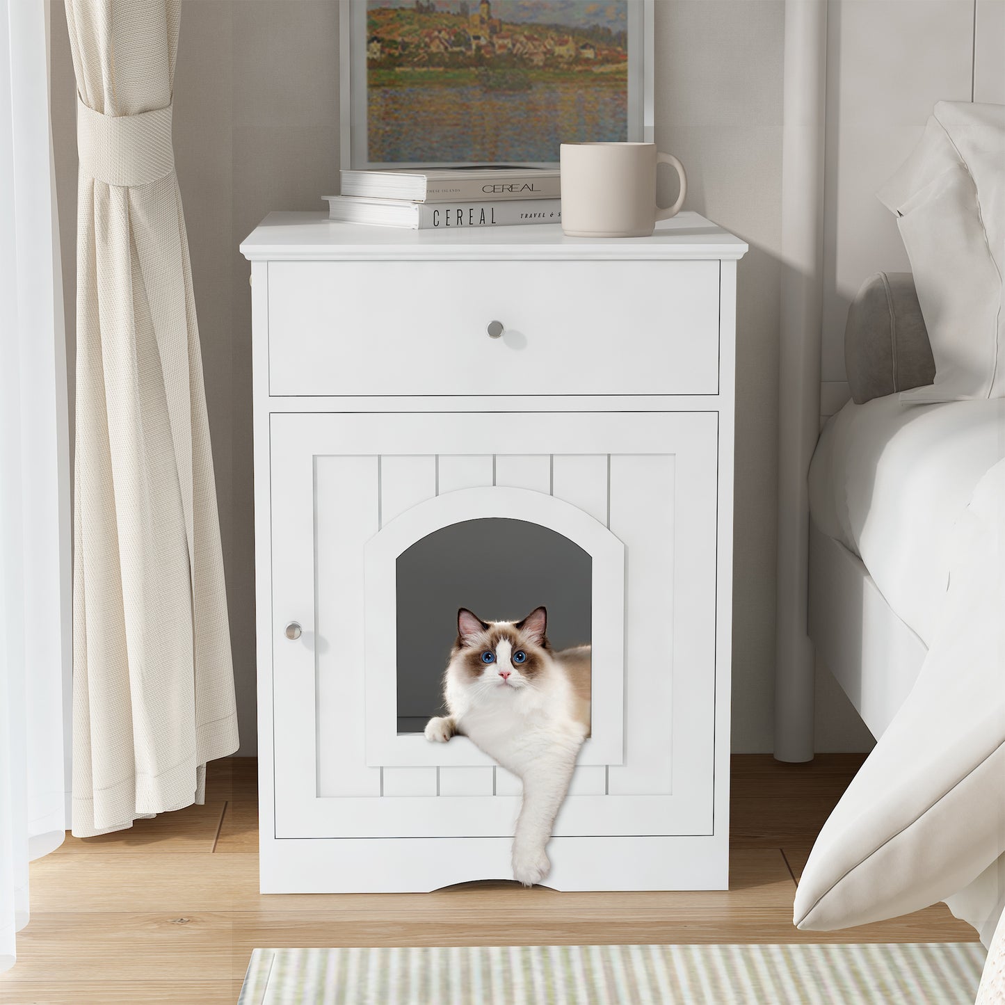 Side Table Nightstand Cat Litter Box Enclosure With Drawer and Storage Hook