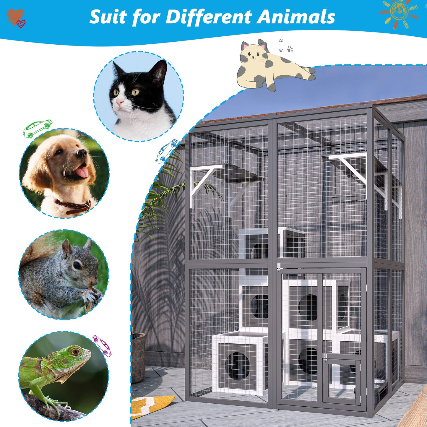 Large Grey Outdoor Wooden Catio with 7 Napping Houses, Walk-in Cat Kennel Condo Shelter and 2 Jumping Platforms