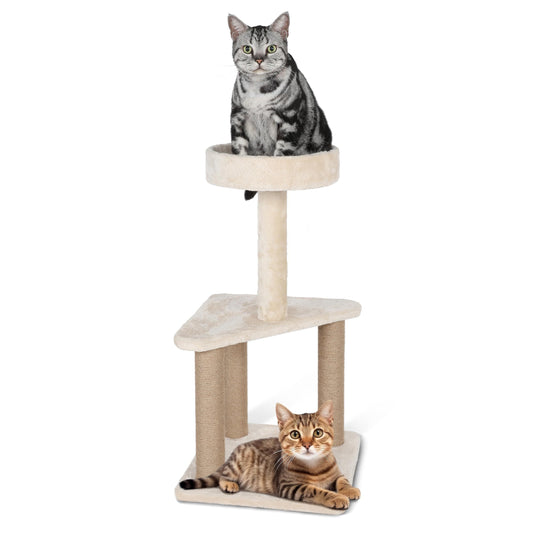 Multi-Level Indoor Cat Tree with Sisal-Wrapped Post, Plush Platforms, & Elegant Beige Finish