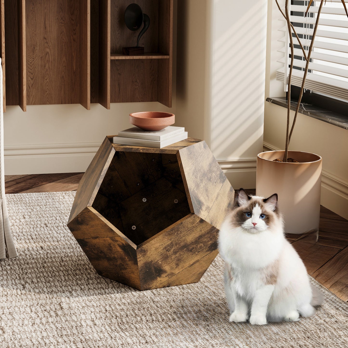 Multi-Purpose Cat Bed, Side Table, Storage & Planter with Antique Wood Finish