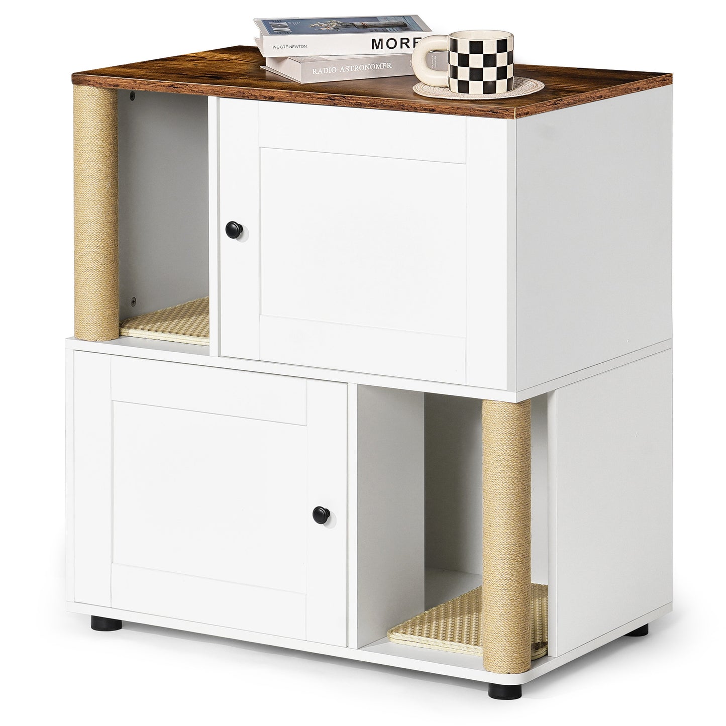 Multi-Functional Double Cat Litter Box Cabinet, Vintage White, with Shelves for Storage and Concealment