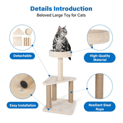 Multi-Level Indoor Cat Tree with Sisal-Wrapped Post, Plush Platforms, & Elegant Beige Finish