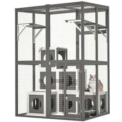 Large Grey Outdoor Wooden Catio with 7 Napping Houses, Walk-in Cat Kennel Condo Shelter and 2 Jumping Platforms