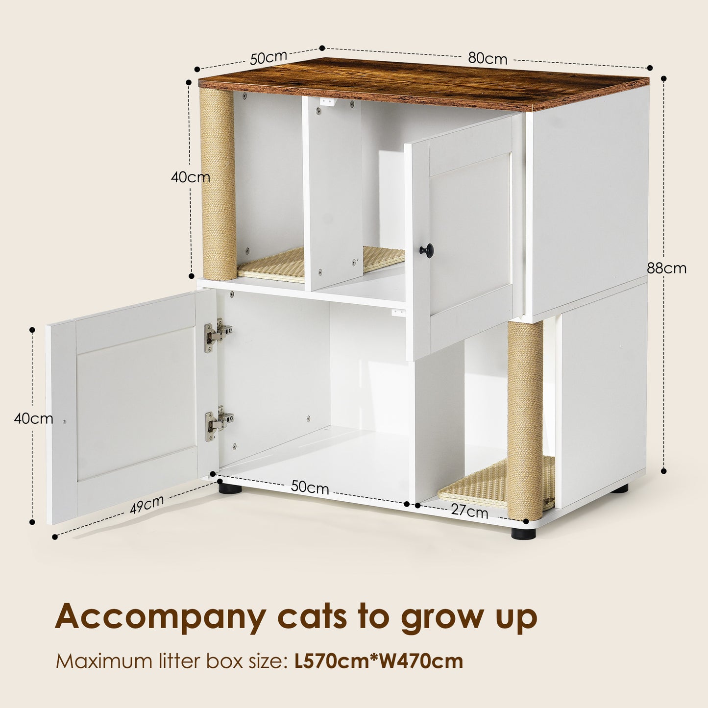 Multi-Functional Double Cat Litter Box Cabinet, Vintage White, with Shelves for Storage and Concealment